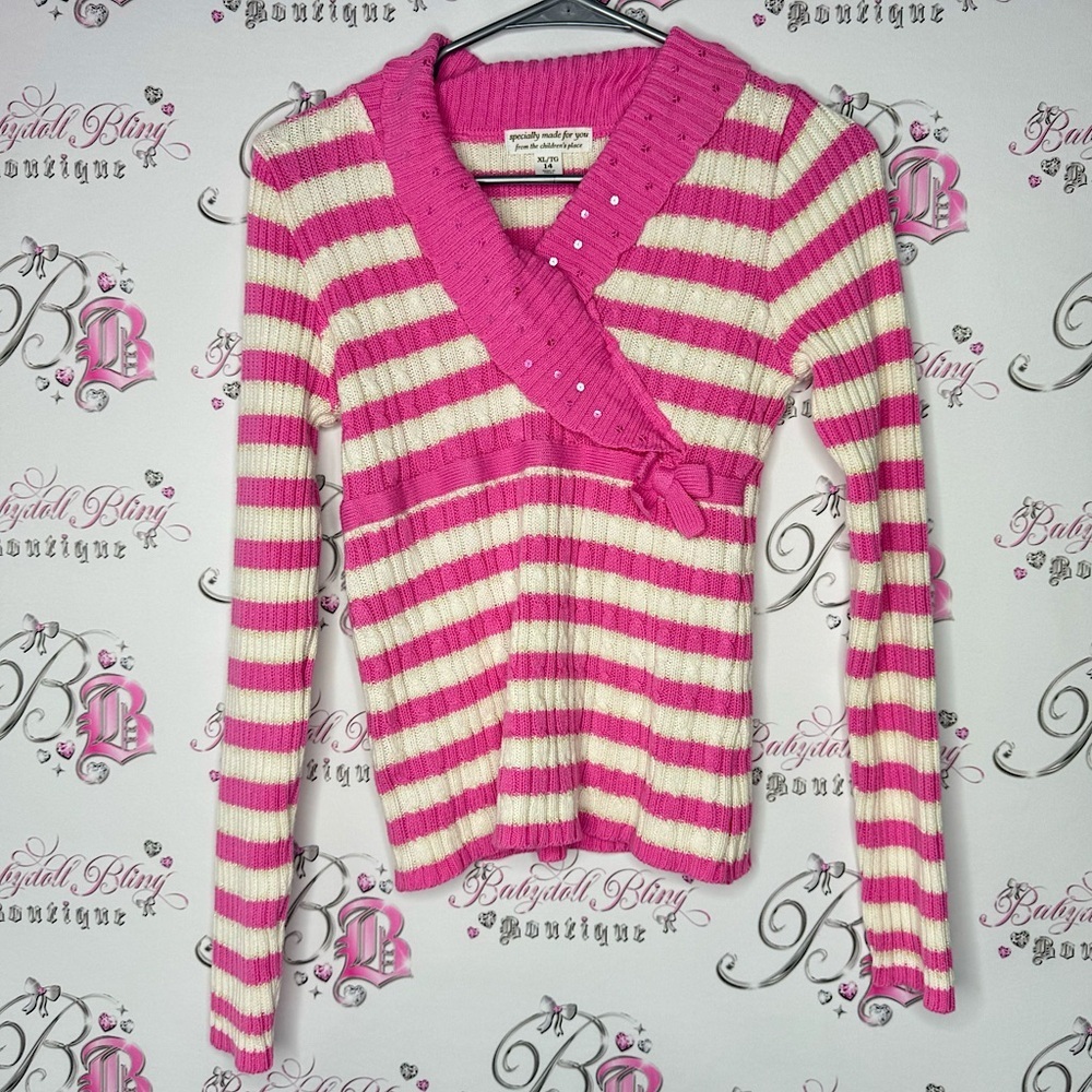 Sweater candy striped ribbon bow tie detail sequins sparkly knitted crochet y2k